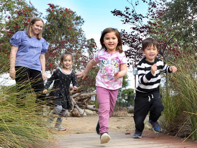 Alberton Preschool has remained as one of the state's top childcare centres according to the Australian ChildrenÃs Education & Care Quality Authority. It's one of three centres who are rated excellent. Centre Director, Briony Murdoch, believes that the centreÃ&#149;s outdoor play areas are what sets it apart. Briony pictured with (LtoR), Pema,4, Klara,4, and Michael,4. 7 October 2022. Picture Dean Martin