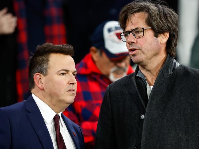 MELBOURNE, AUSTRALIA - JULY 14: Channel 7 sports reporter Tom Browne and Gillon McLachlan, Chief Executive Officer of the AFL are seen during the 2023 AFL Round 18 match between the Melbourne Demons and the Brisbane Lions at the Melbourne Cricket Ground on July 14, 2023 in Melbourne, Australia. (Photo by Dylan Burns/AFL Photos via Getty Images)