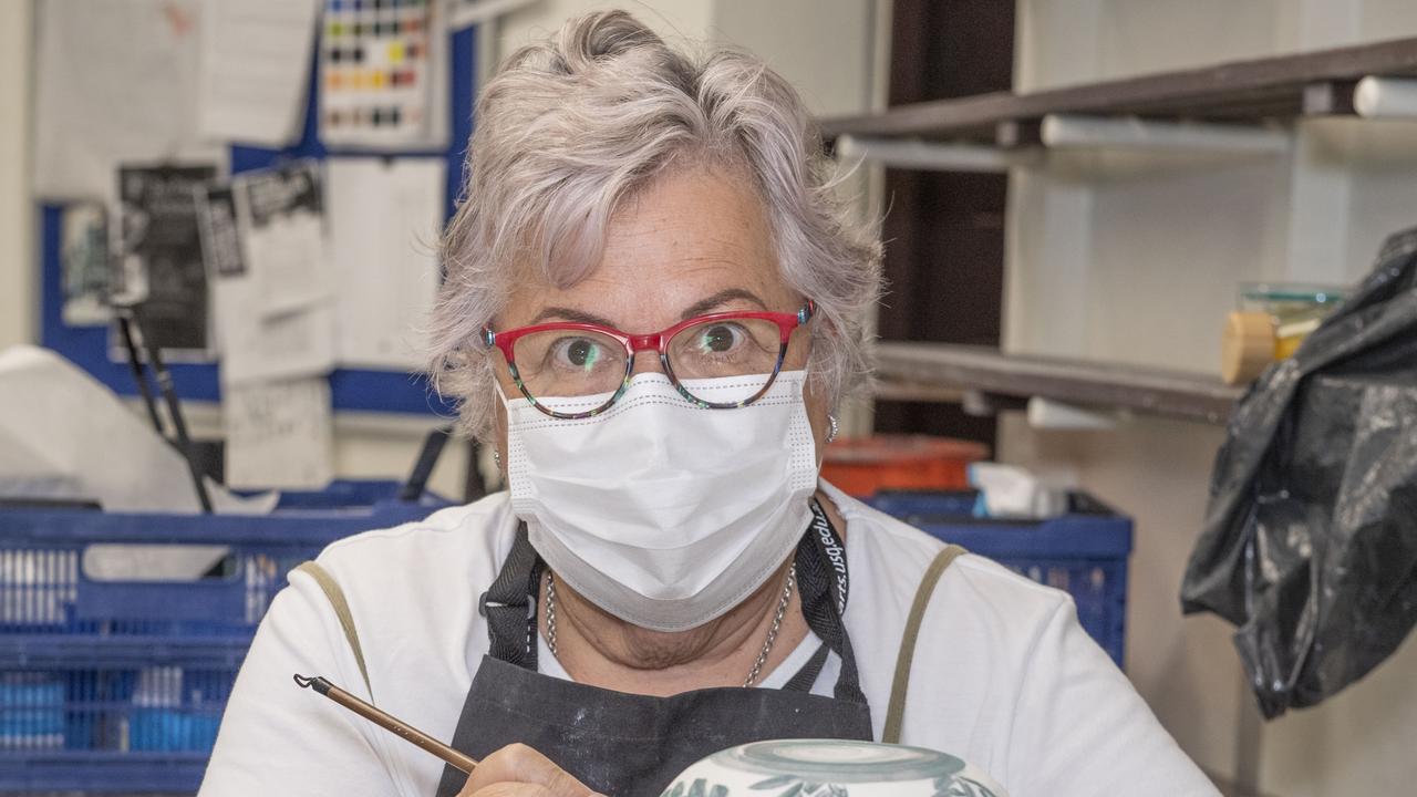 Alba Conti with her work from the Sumptuous Surfaces-Ceramics class with Shannon Garson. McGregor Summer School at USQ. Friday, January 14, 2022. Picture: Nev Madsen.