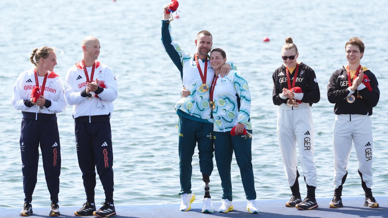 Australia’s Jed Altschwager and Nikki Ayers, centre, with silver medallists Great Britain's Samuel Murray and Annabel Caddick, left, and Germany's Jan Helmich and Hermine Krumbein with bronze, after the PR3 mixed double sculls Final A. Picture: Adam Davy/PA Images via Getty Images