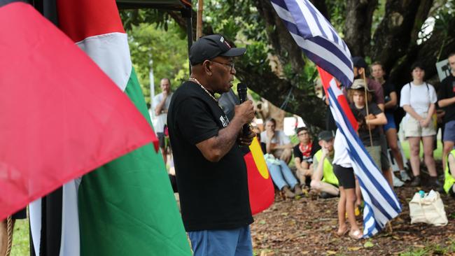 West Papuan activist Henk Rumbewas speaking at the Invasion Day protest at Civic Park, Darwin on Friday, January 26. Picture: Zizi Averill