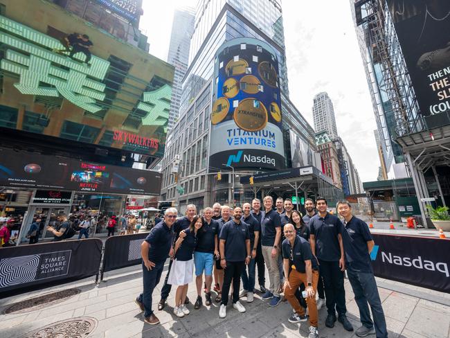 Titanium Ventures’ team celebratea its 100th investment in New York, a milestone featured on the Nasdaq billboard in Times Square.