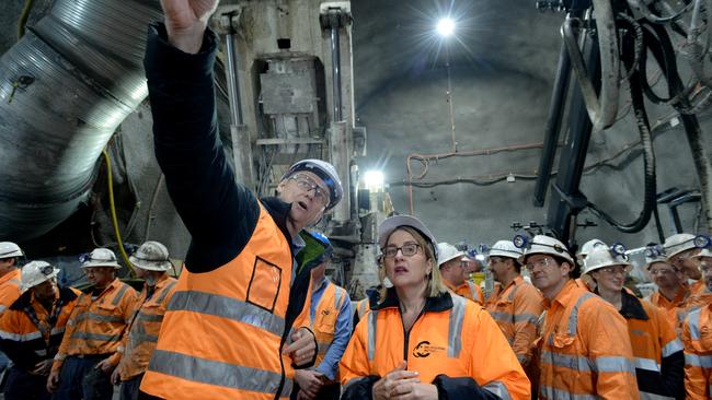 Minister Jacinta Allan inspects work under Franklin St and Bowen St. Picture: Andrew Henshaw