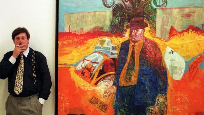 Mar97- Gallery director Ray Hughes with Archibald art entry of the same name. /paintings /artworks