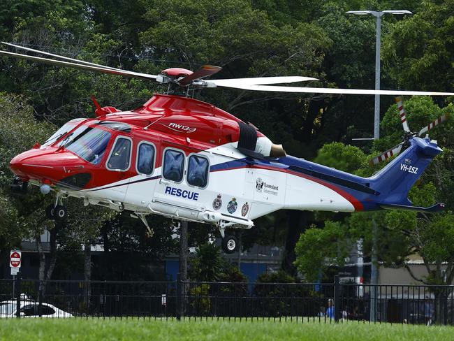 QG Air Rescue 510 emergency helicopter departs the Cairns Hospital helipad after delivering the patient in a serious condition. Picture: Brendan Radke