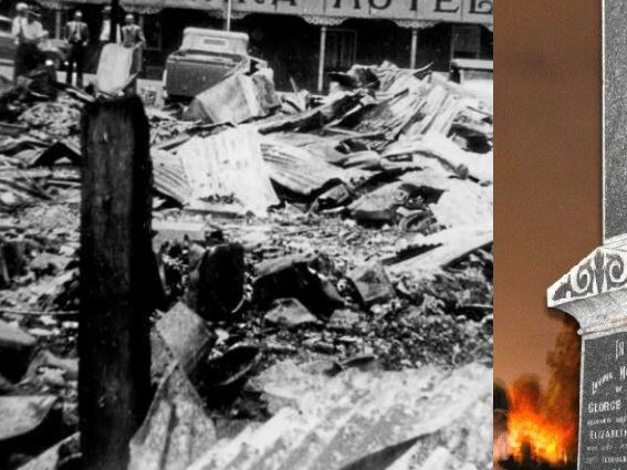 The tragedy of the original Grand Hotel at Goomeri (left) and the infamours glowing tombstone (right) have inspired some of the Gympie region's spookiest stories.