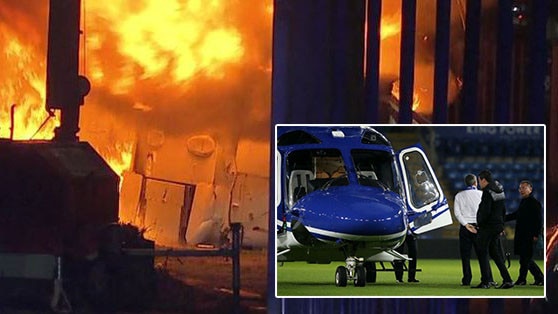 The helicopter of Leicester City owner Vichai Srivaddhanaprabha (inset, boarding his chopper at a prior game) has crashed outside the team's home stadium. Main picture: Sky