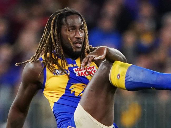 Nic Naitanui of the Eagles kicks the ball during the First Elimination Final between the West Coast Eagles and the Essendon Bombers in Week 1 of the AFL Finals Series at Optus Stadium in Perth, Thursday, September 5, 2019. (AAP Image/Michael Dodge) NO ARCHIVING, EDITORIAL USE ONLY