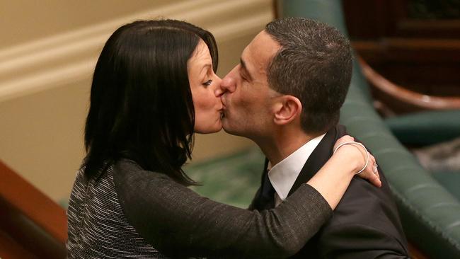 Tom Koutsantonis is congratulated by wife Anthea after delivering the 2015 State Budget. Picture: Calum Robertson