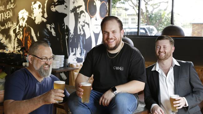 DA’Burger owner James D’Ath, general manager Matija Stefancic and agent Ben Hackett at their latest location in West End. Picture: AAP/Megan Slade