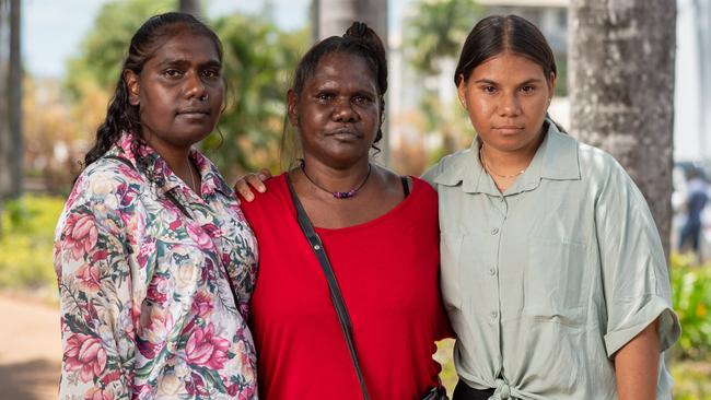 Mother of 15-year-old Layla "Gulum" Leering, Justine Jingles, with daughters Jasmine and Keely Jingles outside the Darwin Local Court during an inquest into her death. Picture: CHE CHORLEY