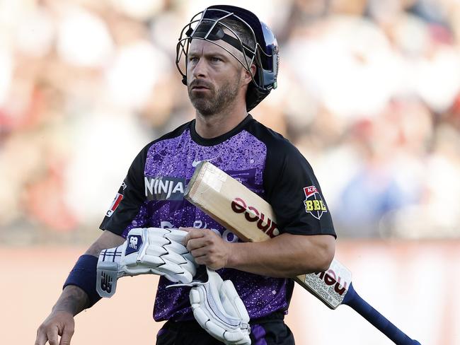 GEELONG, AUSTRALIA - DECEMBER 19: Matthew Wade of the Hurricanes leaves the field after being dismissed by Tom Rogers of the Renegades during the BBL match between Melbourne Renegades and Hobart Hurricanes at GMHBA Stadium, on December 19, 2024, in Geelong, Australia. (Photo by Daniel Pockett/Getty Images)