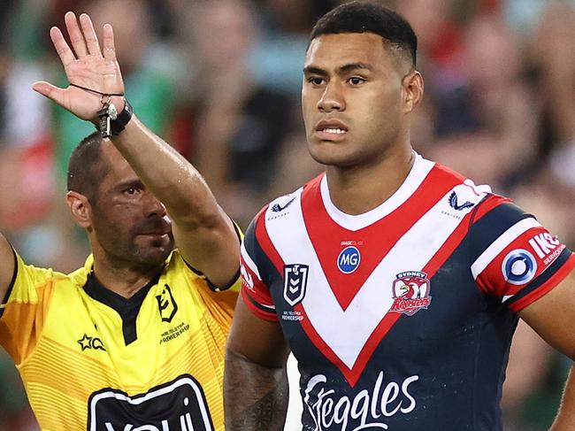 SYDNEY, AUSTRALIA - MARCH 26:  Daniel Suluka-Fifita of the Roosters is sent to the sin-bin by referee Ashley Klein during the round three NRL match between the South Sydney Rabbitohs and the Sydney Roosters at Stadium Australia on March 26, 2021, in Sydney, Australia. (Photo by Cameron Spencer/Getty Images)