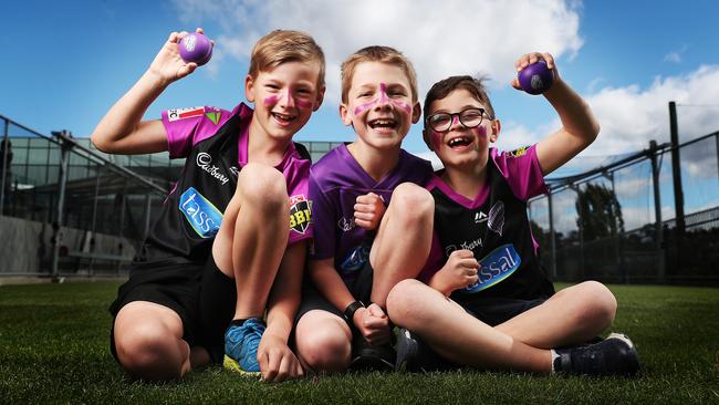 From left, Nate Debnam, 7, Oliver Meers, 8, and Lockie Tuckett, 9, who are great mates and excited for the Hurricanes to be playing in Hobart and Launceston as part of the BBL hub. Picture: NIKKI DAVIS-JONES