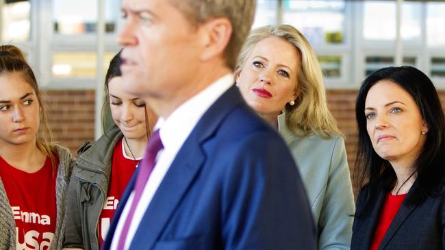 Then-candidate Emma Husar and Chloe Shorten listen to Labor leader Bill Shorten speaking at Bennett Road Public School, Colyton, during the 2016 election campaign. Picture: Jenny Evans