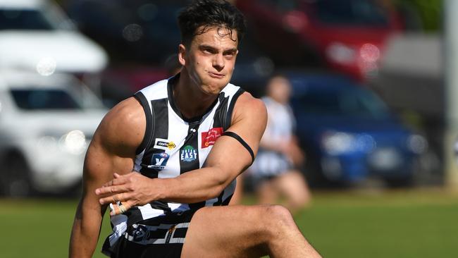 Trent Cody of Narree Warren is seen in action during the AFL Outer East Preliminary Final at Healesville Showgrounds, Melbourne, Saturday, September 21, 2019. Narre Warren V beaconsfield. (AAP Image/James Ross) NO ARCHIVING