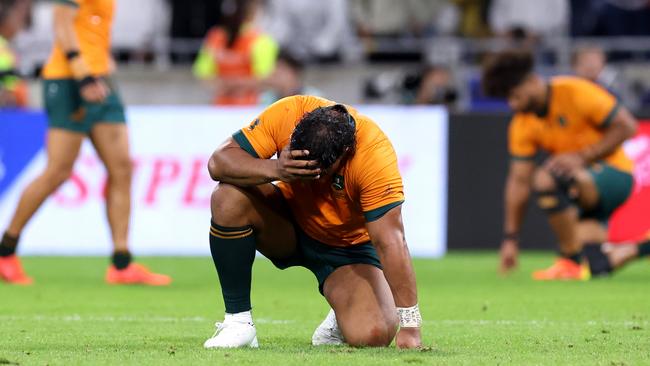 Pone Fa’amausili reacts after Australia’s defeat to Wales at the Rugby World Cup. Picture: Getty Images