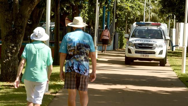 Police patrol along the Strand at Easter weekend and warn groups to disperse. Picture: Evan Morgan