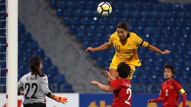 AMMAN, JORDAN - APRIL 10:  Samantha May Kerr of Australia attempts to score a goal during the AFC Women's Asian Cup Group B match between Vietnam and Australia at the Amman International Stadium on April 10, 2018 in Amman, Jordan.  (Photo by Francois Nel/Getty Images)