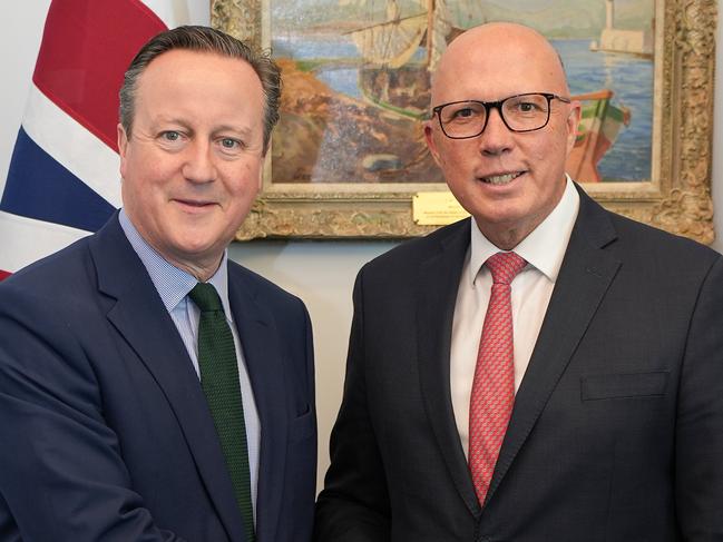 Leader of the Liberal Party Peter Dutton meeting with UK Secretary of State for Foreign, Commonwealth and Development Affairs David Cameron during his visit to Australia for the annual Australia-United Kingdom Ministerial Consultations (AUKMIN) in March, 2024. Picture: X