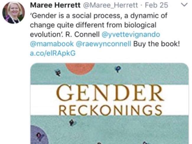 Tweet from Santa Sabina principal Maree Herrett about the book Gender Reckonings