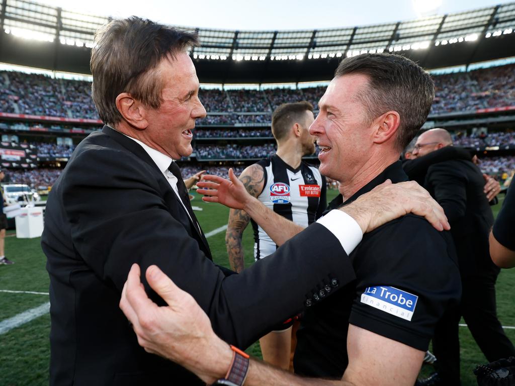 Browne and coach Craig McRae embrace after Collingwood’s 2023 grand final win. Picture: Dylan Burns/AFL Photos