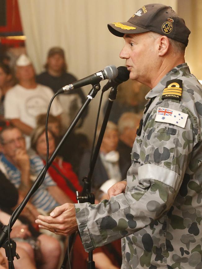 Commander Scott Houlihan of HMAS Choules at Mallacoota town hall. Picture: David Caird