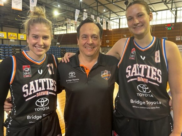 Darwin Salties coach Rod Tremlett with Ruby Porter and co-captain Chelsea Brook. Picture: Contributed.