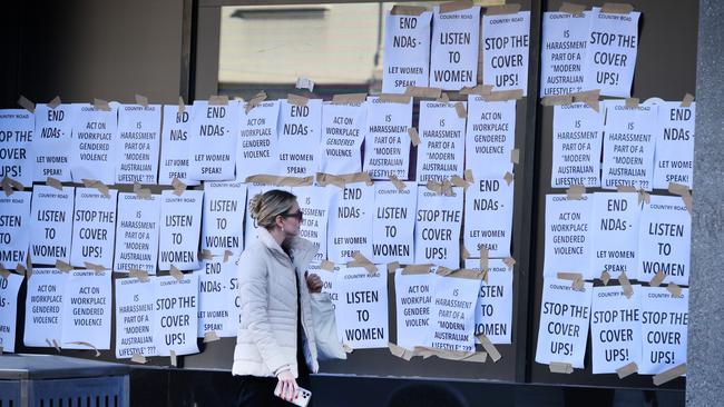 Country Road’s Chapel street store was hit with protest posters over the head office sex abuse scandals of women. Picture: David Caird