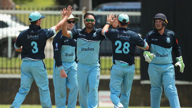 Pushpinder Jassal of Sutherland celebrates the wicket of Riley Ayre of Randwick-Petersham during round seven.