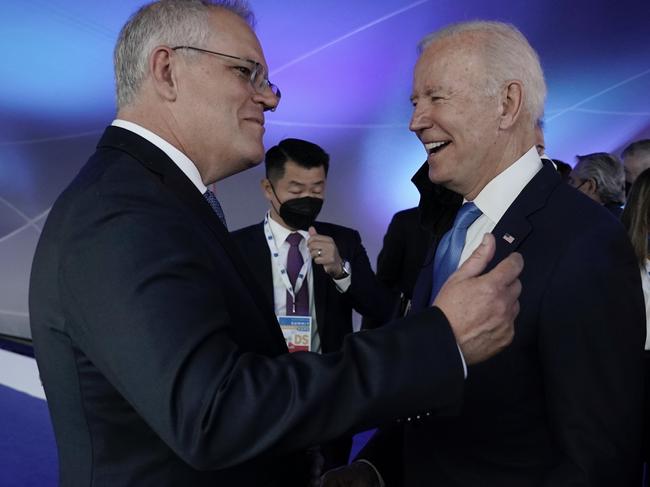 Prime Minister Scott Morrison attends the G20 official welcome and chats with US President Joe Biden in Rome. Picture: Adam Taylor