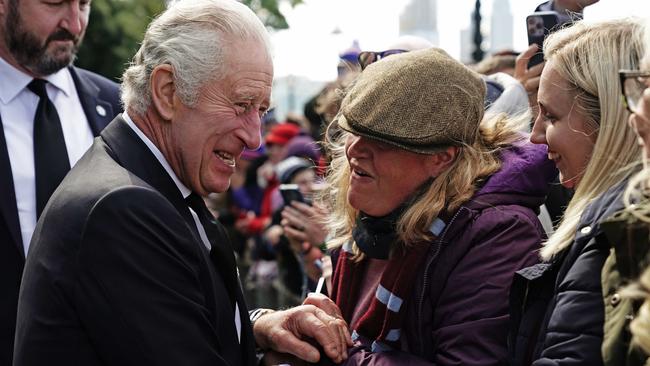 King Charles made a surprise appearance to thank those waiting in the queue to see the Queen’s coffin. Picture: Aaron Chown-WPA Pool/Getty Images