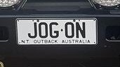 NT funny number plate, JOG ON. Picture: Facebook / Jolene Bowyer Wagner