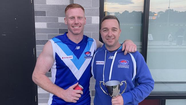 John Walker (left) with coach Kris Thompson after they both represented the Southern league at interleague.