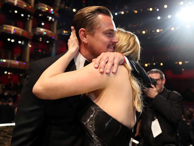 Leo and close friend, former Titanic and Revolutionary Road co-star Kate Winslet, shared an emotional moment at the Oscars. Picture: AFP