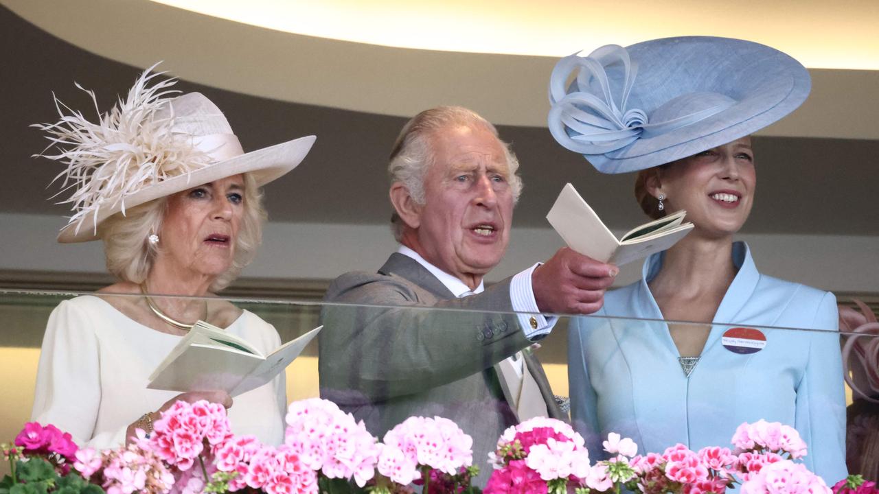 Lady Gabriella with her second cousin, King Charles, and Queen Camilla at the Royal Ascot horse racing meeting in 2023. Picture: Henry Nicholls/AFP