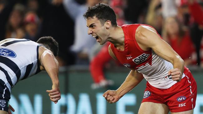 Xavier Richards celebrates a goal against Geelong. Picture: Phil Hillyard