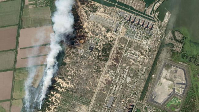 This satellite image shows forest fires near Zaporizhzhia nuclear power plant damaged during Russia’s invasion of Ukraine. Picture: Planet Labs