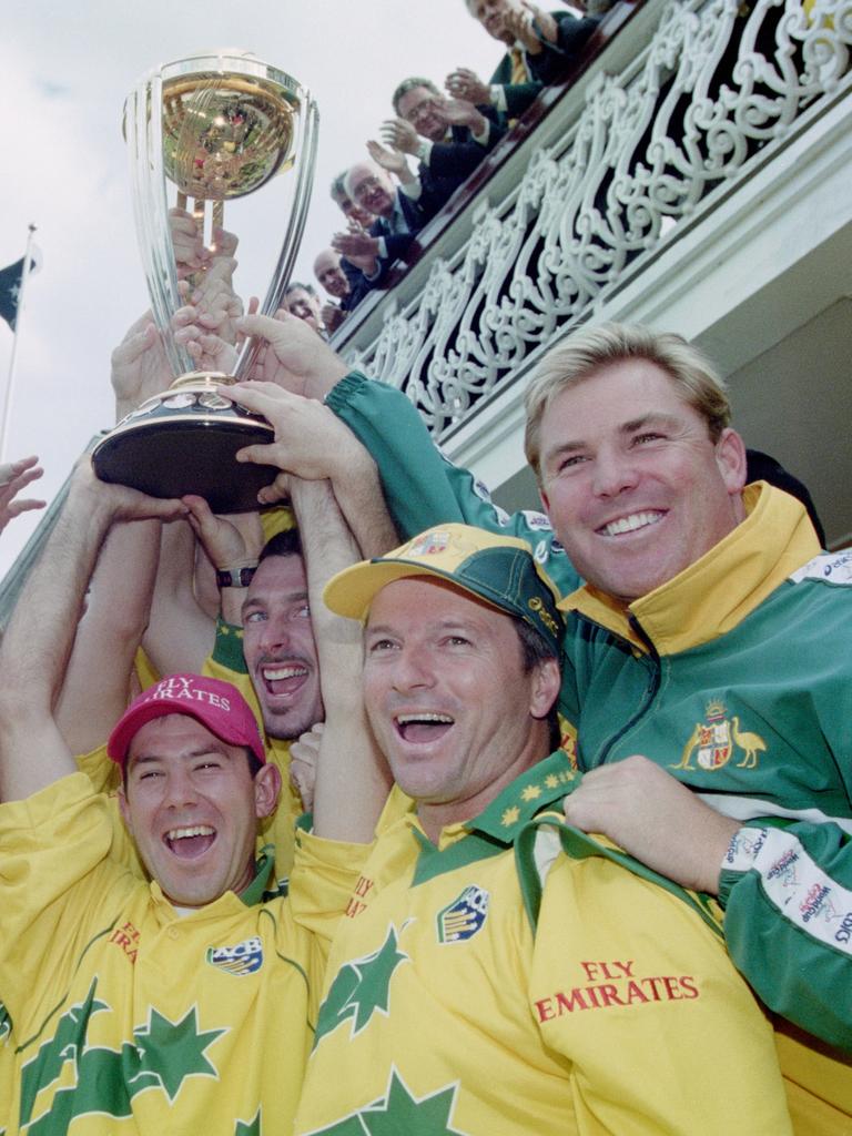 Australian players including Shane Warne and Steve Waugh celebrate after winning the 1999 World Cup.