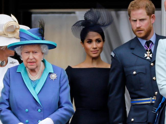 The Queen and the Duchess and Duke of Sussex. Picture: AFP