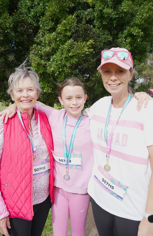 Denise Hutchinson (left) with granddaughter Charlotte Grundell and daughter Zoe Grundell at the Mother's Day Classic Toowoomba fun run at Middle Ridge Park, which raised money for breast and ovarian cancer research.