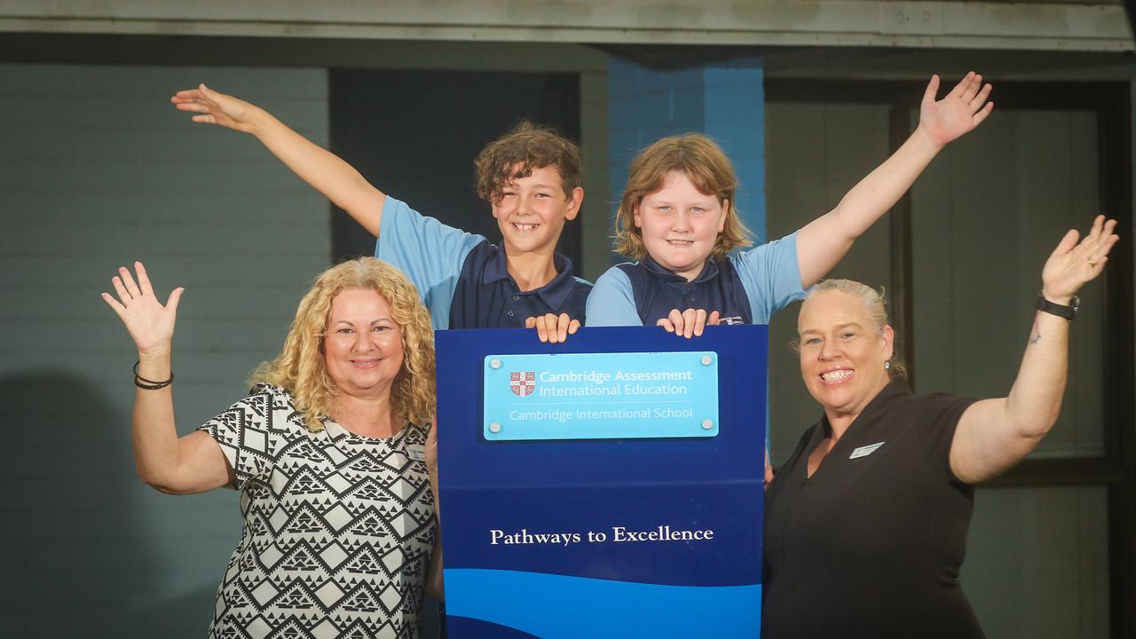 Larrakeyah Primary is one of the NT’s most prestigious. Principal Fathma Mauger, students Elijah Terrell and Jasmine Banfield and deputy principal Natasha Guse in 2021 after the school was named a finalist in the Cambridge International School Awards. Picture: Glenn Campbell