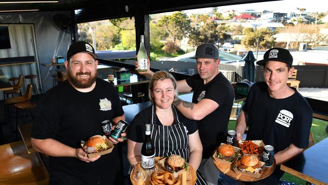 Dylan Wood, Shana Dunn, Kailin Wood and Ryan Thorpe at their burger bar, Port Burger. The business is nominated in the inaugural Onkaparinga Business Awards. Photo: AAP/Keryn Stevens