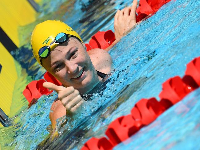 Australia's Cate Campbell gives a thumb up after her gold medal performance last night. Picture: AFP