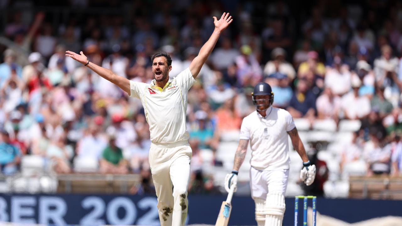 Mitchell Starc successfully appeals for the wicket of Ben Stokes. Picture: Getty