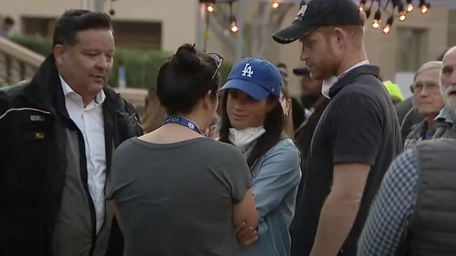 Prince Harry and Meghan Markle visited victims of the Eaton Fire in LA. Picture: Fox