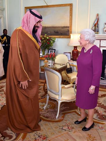 Queen Elizabeth II greets Crown Prince Mohammed bin Salman on March 7, 2018. Picture: Dominic Lipinski/WPA/Getty Images