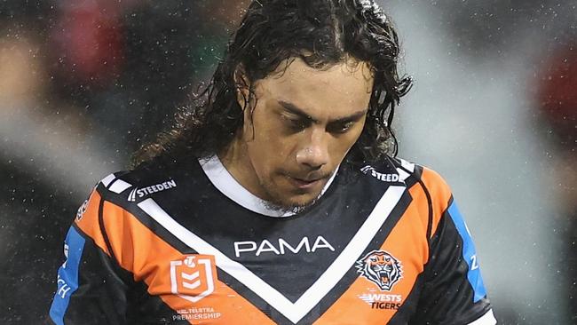 SYDNEY, AUSTRALIA - MAY 18: Jarome Luai of the Wests Tigers looks dejected after losing the round eleven NRL match between Wests Tigers and Rabbitohs at Campbelltown Sports Stadium, on May 18, 2025, in Sydney, Australia. (Photo by Cameron Spencer/Getty Images)