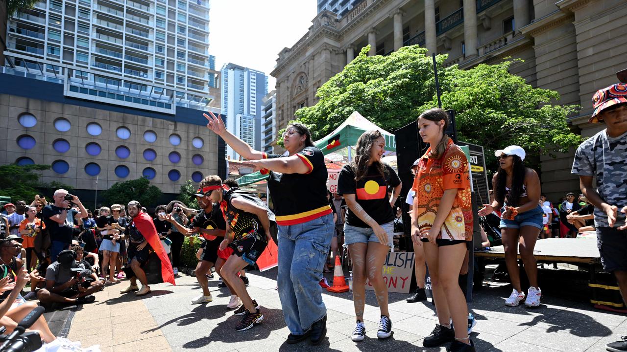 Protesters take part in an Invasion Day rally and march in Brisbane, coinciding with Australia Day. Picture: NCA Newswire / Dan Peled