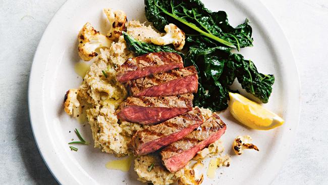 Grilled steak with smoky cauliflower and white bean mash.